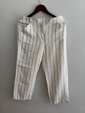 Larry Levine Cream & Tan Striped linen Chinos